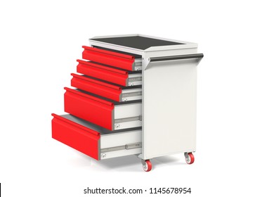 Metal Tool Cabinet-table On Wheels With Drawers. A Convenient Place For Storing Tools And Spare Parts. Service Garage Tools Box. 3D-model Rendering Of The Table For Shooting From Above.