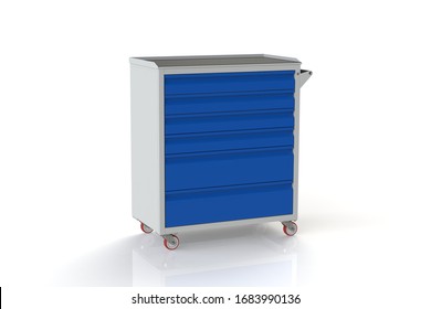 Metal Tool Cabinet-table On Wheels With Drawers. A Convenient Place For Storing Tools And Spare Parts. Service Garage Tools Box. 3D-model Rendering Of The Table For Shooting From Above.