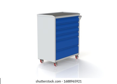 Metal Tool Cabinet-table On Wheels With Drawers. A Convenient Place For Storing Tools And Spare Parts. Service Garage Tools Box. 3D-model Rendering Of The Table For Shooting From Above.