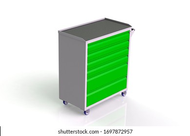 Metal Tool Cabinet-table On Wheels With Drawers. A Convenient Place For Storing Tools And Spare Parts. Service Garage Tools Box. 3D-model Rendering Of The Table For Shooting From Above.