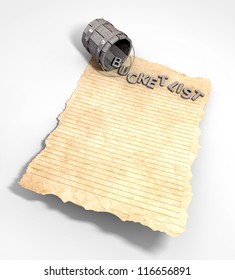 A Metal Vintage Bucket Charm With Letter Trinkets Spilling Out Spelling The Word Bucket List On An Aged Paper On An Isolated Background