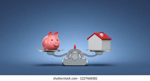 Metal Weight On A Blue Background. House And Pig Money Box. Equal Weight. 3d Render. Illustration For Advertising.