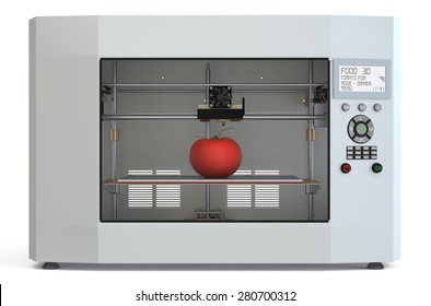 Metallic 3d Printer With Food Isolated On White Background