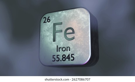 Metallic 3D rendering of Iron element symbol with atomic number and weight, futuristic periodic table design.