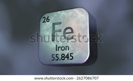 Metallic 3D rendering of Iron element symbol with atomic number and weight, futuristic periodic table design.