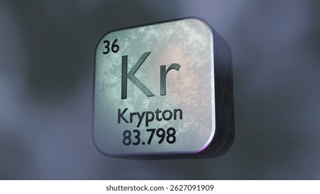 Metallic 3D rendering of Krypton element symbol with atomic number and weight, futuristic periodic table design.