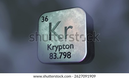 Metallic 3D rendering of Krypton element symbol with atomic number and weight, futuristic periodic table design.