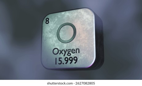 Metallic 3D rendering of Oxygen element symbol with atomic number and weight, futuristic periodic table design.
