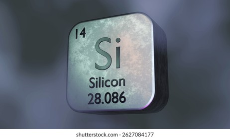 Metallic 3D rendering of Silicon element symbol with atomic number and weight, futuristic periodic table design.