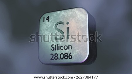 Metallic 3D rendering of Silicon element symbol with atomic number and weight, futuristic periodic table design.