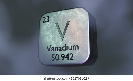 Metallic 3D rendering of Vanadium element symbol with atomic number and weight, futuristic periodic table design.