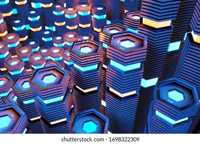 Metallic Black Blue And Orange Glowing Hexagons Moving Pillars Abstract Background 3D Rendering