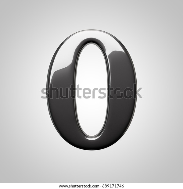 Metallic black number 0. 3D\
render font with glint and light reflection isolated on white\
background.