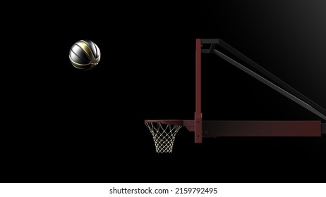 Metallic Black-Gold Basketball And Basketball Goal Plate Under Spot Lighting Background. 3D CG. 3D Sketch Design And Illustration. 3D High Quality Rendering.