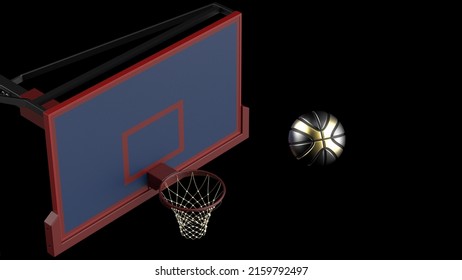 Metallic Black-Gold Basketball And Basketball Goal Plate Under Spot Lighting Background. 3D CG. 3D Sketch Design And Illustration. 3D High Quality Rendering.