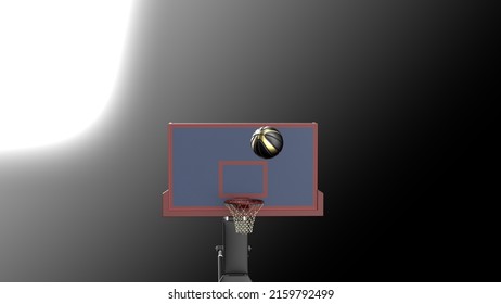 Metallic Black-Gold Basketball And Basketball Goal Plate Under Spot Lighting Background. 3D CG. 3D Sketch Design And Illustration. 3D High Quality Rendering.