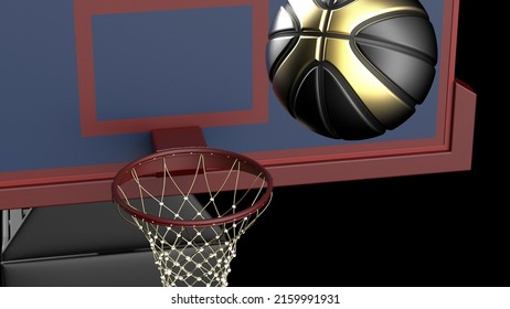 Metallic Black-Gold Basketball And Basketball Goal Plate Under Spot Lighting Background. 3D CG. 3D Sketch Design And Illustration. 3D High Quality Rendering.