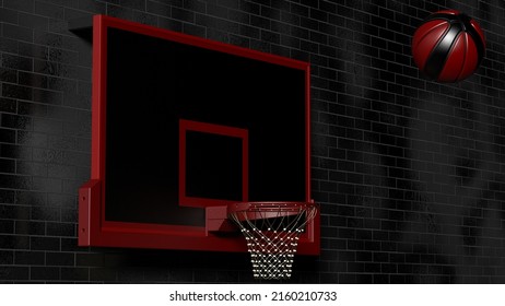 Metallic Black-Gold Basketball And Basketball Goal Plate Under Spot Lighting Background. 3D CG. 3D Sketch Design And Illustration. 3D High Quality Rendering.