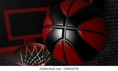 Metallic Black-Gold Basketball And Basketball Goal Plate Under Spot Lighting Background. 3D CG. 3D Sketch Design And Illustration. 3D High Quality Rendering.