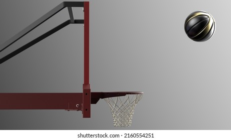 Metallic Black-Gold Basketball And Basketball Goal Plate Under Spot Lighting Background. 3D CG. 3D Sketch Design And Illustration. 3D High Quality Rendering.