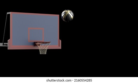 Metallic Black-Gold Basketball And Basketball Goal Plate Under Spot Lighting Background. 3D CG. 3D Sketch Design And Illustration. 3D High Quality Rendering.