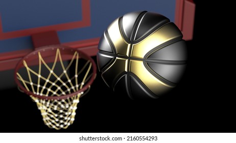 Metallic Black-Gold Basketball And Basketball Goal Plate Under Spot Lighting Background. 3D CG. 3D Sketch Design And Illustration. 3D High Quality Rendering.