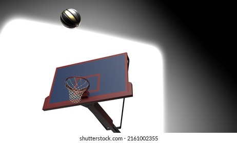 Metallic Black-Gold Basketball And Basketball Goal Plate Under Spot Lighting Background. 3D CG. 3D Sketch Design And Illustration. 3D High Quality Rendering.