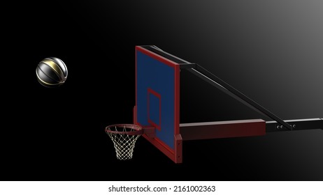 Metallic Black-Gold Basketball And Basketball Goal Plate Under Spot Lighting Background. 3D CG. 3D Sketch Design And Illustration. 3D High Quality Rendering.