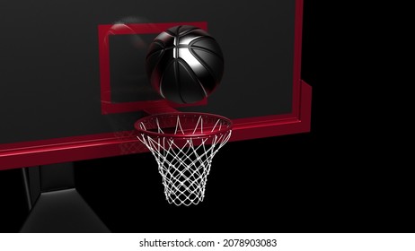 Metallic Black-Silver Basketball And Black-Red Basketball Goal Plate Under Spot Lighting Background. 3D CG. 3D Sketch Design And Illustration. 3D High Quality Rendering.