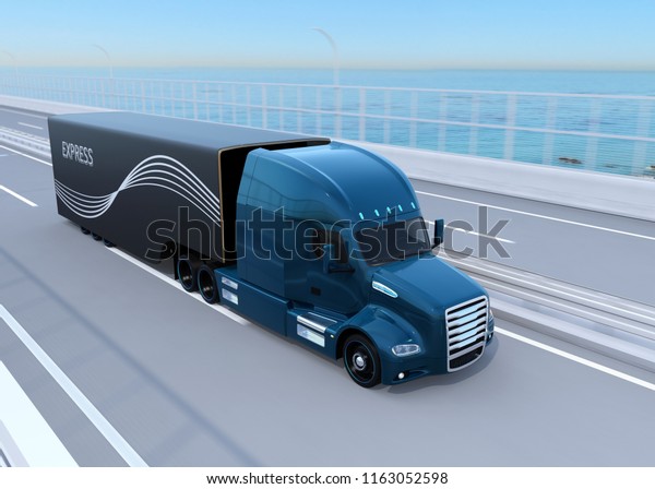 Metallic blue Fuel Cell Powered American\
Truck driving on highway. 3D rendering\
image.