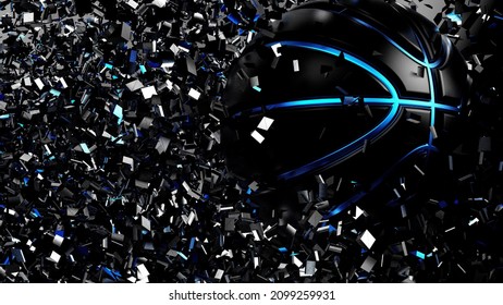 Metallic Blue-Black Basketball with Spiral Particles of Motion Blur under Blue Beam Lighting Background. 3D illustration. 3D high quality rendering.