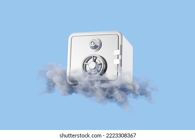 Metallic Closed Safe Box On A Gloomy Cloud. Concept Of Data Storage And Safety. 3D Rendering