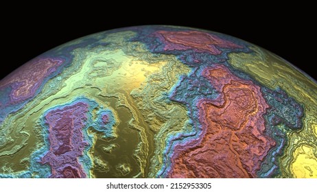 Metallic colorful earth sphere abstract background 3d render illustration. Colorful abstract fluid wavy surface on globe looking illustration.