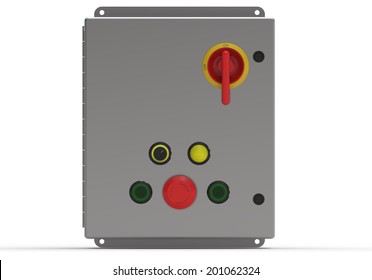 Metallic control box face view isolated on white