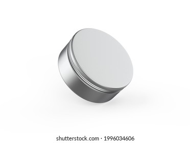 Metallic Cosmetic Jar Mockup, Blank Aluminium Round Tin Box On Isolated White Background, 3d Illustration