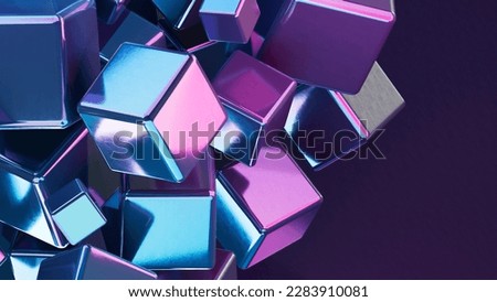 metallic cubes floating in dark space, neon lighting, cool 3D abstract background