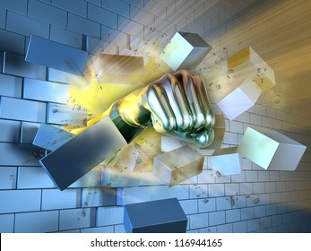 A Metallic Fist Breaking Through A Brick Wall. Digital Illustration.