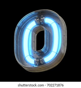 Metallic Futuristic Font With Blue Neon Lights. 3d Rendering.