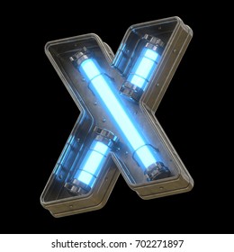 Metallic Futuristic Font With Blue Neon Lights. 3d Rendering.