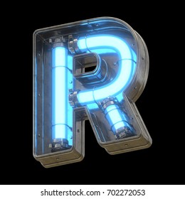 Metallic futuristic font with blue neon lights. 3d rendering.
