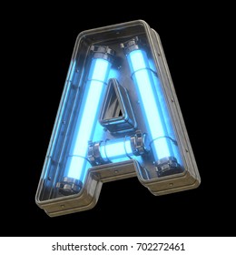 Metallic Futuristic Font With Blue Neon Lights. 3d Rendering.