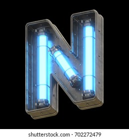 Metallic Futuristic Font With Blue Neon Lights. 3d Rendering.