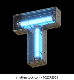 Metallic Futuristic Font With Blue Neon Lights. 3d Rendering.