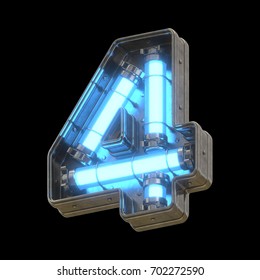 Metallic futuristic font with blue neon lights. 3d rendering.