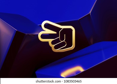 Metallic Golden Hand Scissors Icon With The Blue Glossy Boxes. 3D Illustration Of Fine Golden Finger, Gesture, Hand, Scissor, Scissors Icon Set On The Blue Geometric Background.