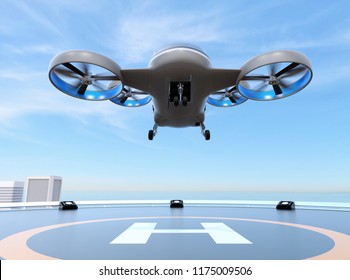 Metallic gray Passenger Drone Taxi takeoff from helipad on the roof of a skyscraper. 3D rendering image.
