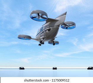 Metallic gray Passenger Drone Taxi takeoff from helipad. 3D rendering image.