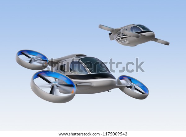 Metallic gray Passenger Drone Taxis flying in the\
sky. 3D rendering\
image.