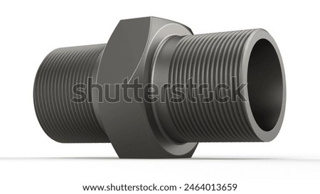 Metallic grey Hexagonal Nipple Pipe fitting. Isolated. White background. 3d render