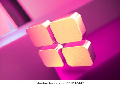 Metallic Large Text Editor Icon On The Geometric Background. 3D Illustration Of Metallic Document, Font, Larger, Size, Text Icon Set With Pink Boxes.